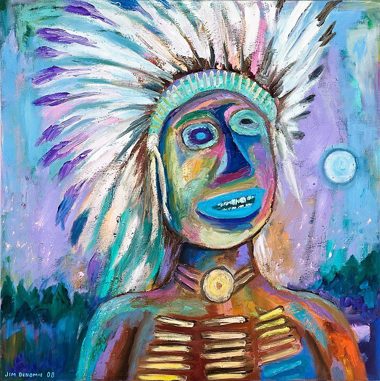 Image: Blue Eyed Chief, an oil on canvas by Native American artist Jim Denomie on display at the Eiteljorg Museum as part of the Native Art Now exhibition