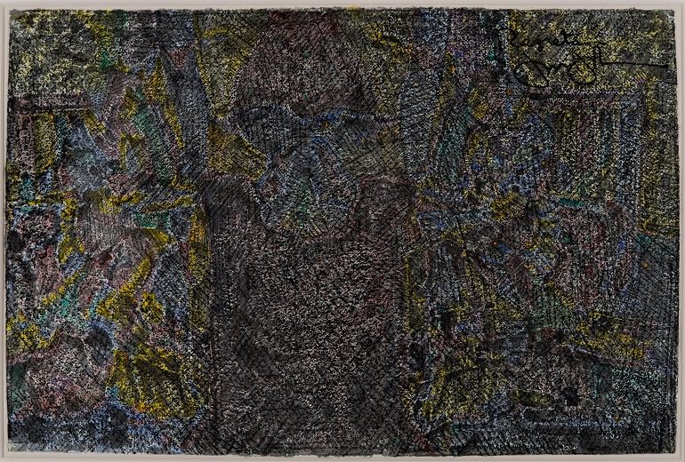 Image-Jasper Johns (American, born 1930). Regrets. 2013. Watercolor, charcoal and pastel on paper. This exciting image presently on display at the Museum of Modern Art, shows Jasper Johns’s creative struggle to articulate his new personal iconography: gesture -Art News