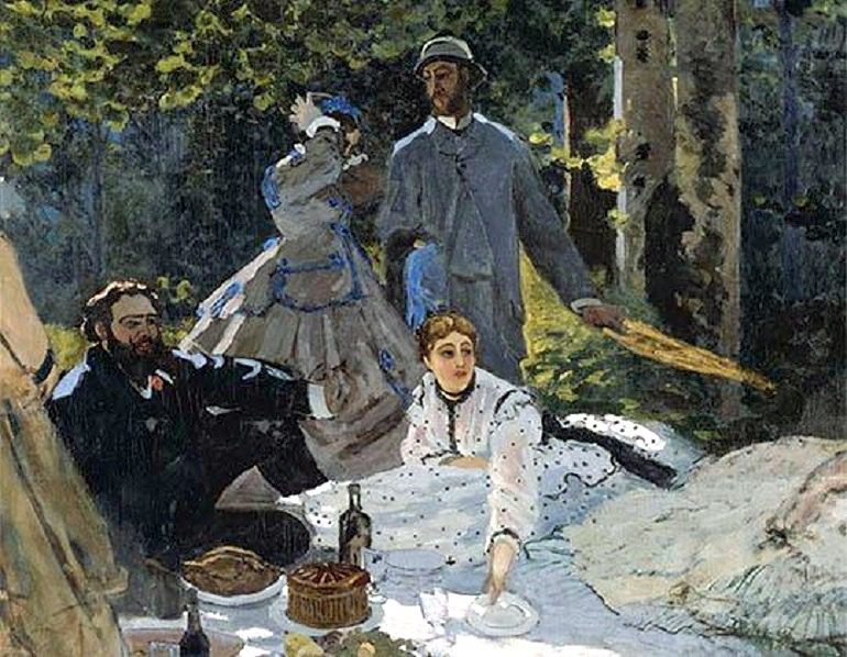 Image: Luncheon on the Grass (Central Panel), an oil on canvas by painting by Claude Monet on display at Kimbell Art Museum in Monet: The Early Years 