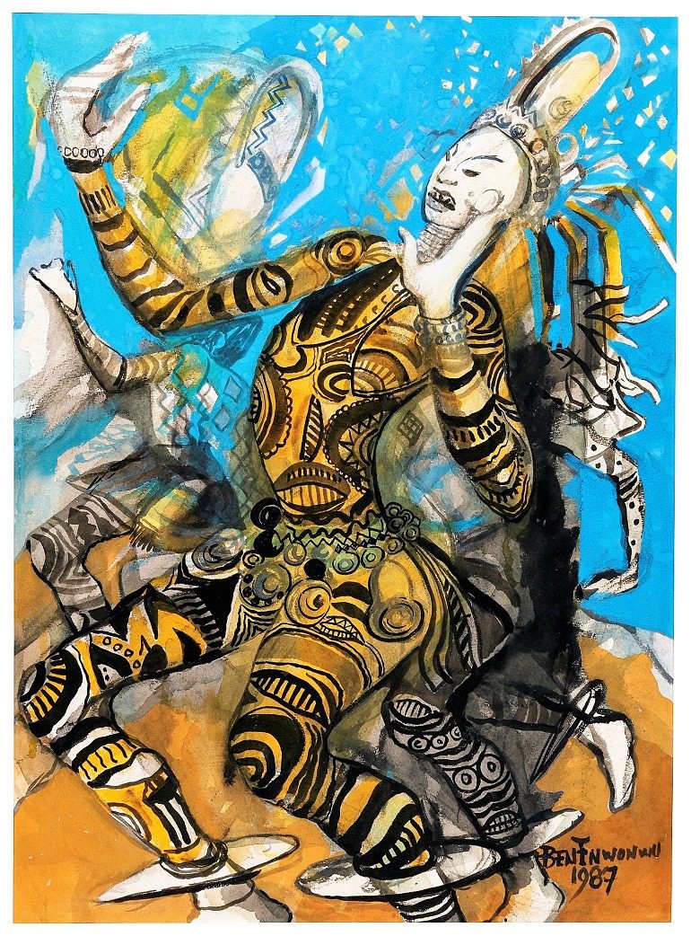 Ogolo, a Gouache, pen and ink on cardboard painting by Ben Enwonwu, is one of the works by contemporary African artists to be auctioned by Sotheby’s in London 