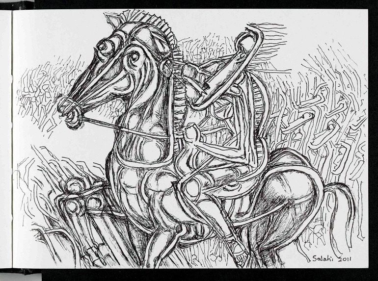 Image: The Arab Spring Notebook: Charge! by Ibrahim El-Salahi, 2011, on display at 1:54 Contemporary African Art in London