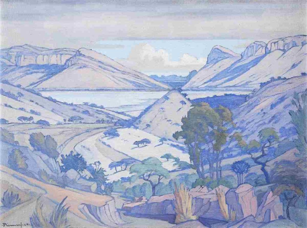The Red Dress  -Jacob Pierneef's Hartbeespoort Dam, a landscape painting in the South African art sale that includes  Irma Stern's The Red Dress  