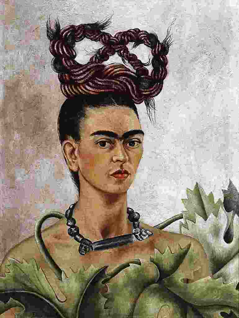 Image: Self-Portrait with Braid, a 1941 oil on board by Mexican artist  Kahlo
