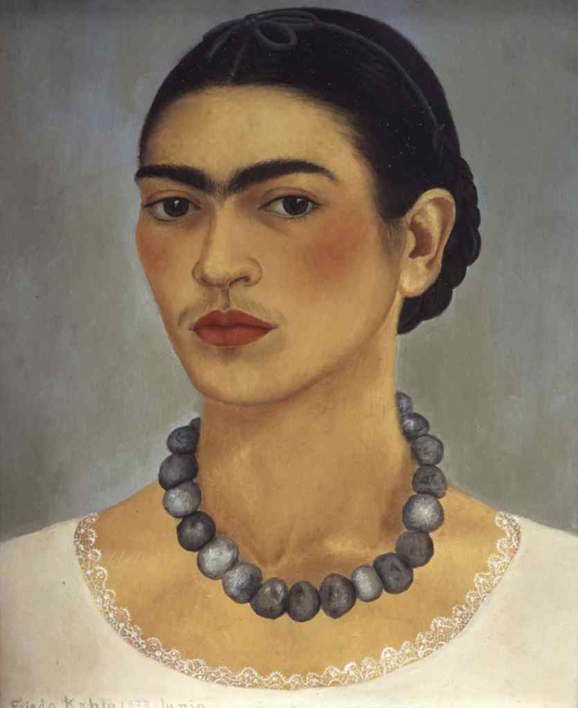 Image: Self-Portrait with a Necklace, a 1933. Oil on metal painting by the Mexican artist Frida Kahlo