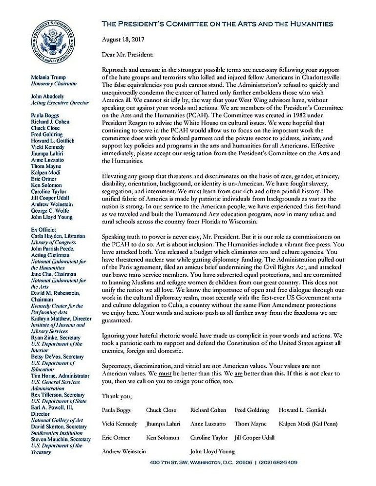 Charlottesville Virginia-Image: Letter of Resignation posted on Twitter by the President's Committee on the Arts and the Humanities after the Charlottesville violence