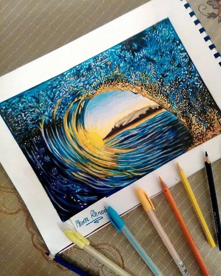 Image: Pen, color pencils, pencil drawing titled Praise God by Merna Ahmed