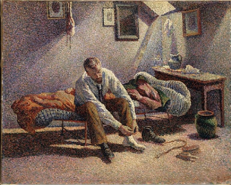 Image: Morning, Interior, 1890 by Maximilien Luce (French, 1858–1941), shows a man as he prepares for work. Done the Neo- Impressionist style of pointillism, there is great attention light and the dingy interior design. 