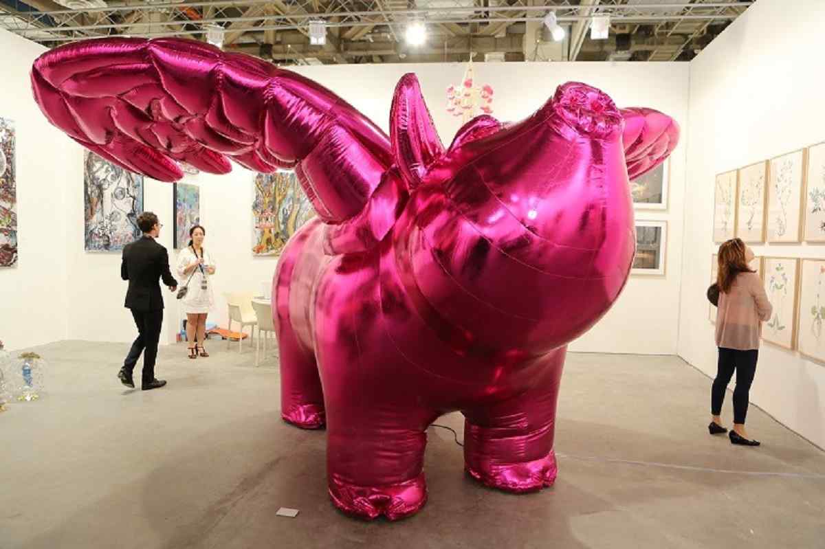 Image -Sculpture of a pink flying elephant titled Love Me by Choi Jeong Hwa, one of the artists represented by Galerie Vanessa Quang at the Art Stage Singapore 2014
