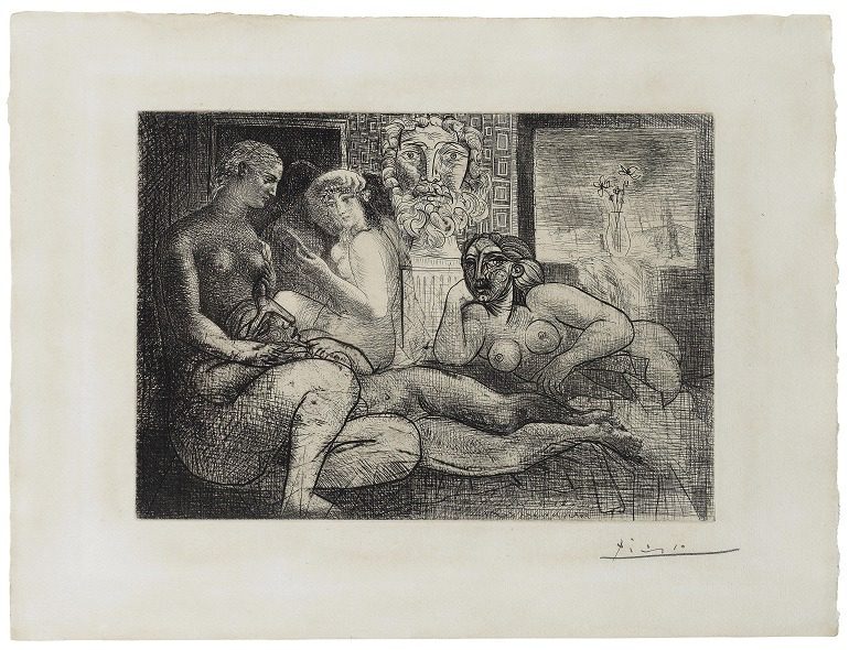Image- Pablo Picasso's Quatre femmes nues et tête sculptée, Plate 82 from La suite Vollard. (Spanish, 1881-1973), shows why the artist is a celebrity in art history