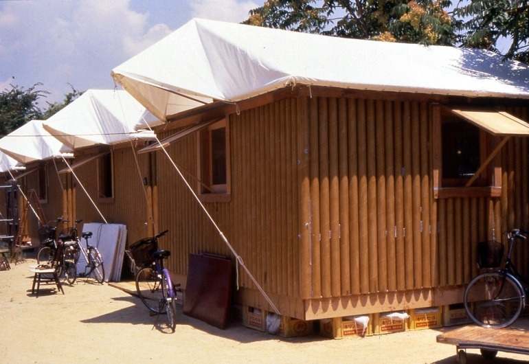 Image: Paper Log House by Shigeru Ban was created from beer crates filled with sandbags and paper cardboard tubes in Kobe, Japan to provide disaster relief for victims of the 1995 earthquake