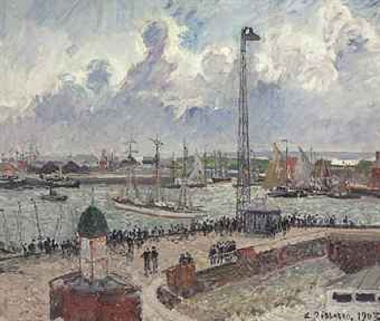 art sale-Image- Landscape painting by Camille Pissarro titled 'L'Anse des Pilotes et le brise-lames est, Le Havre' 1903, is an oil on canvas expected to bring record auction price at Christie's art sale in New York