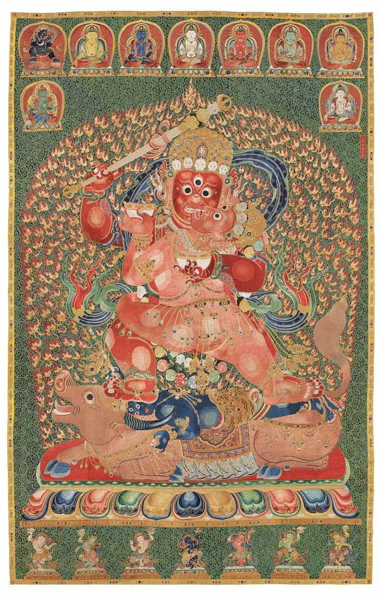 Image: A magnificent Imperial Embroidered Tibetan tapestry Silk Thangka depicts the story of Raktayamari,‘The Red Conqueror of Death’, embracing his consort, Vajravetali