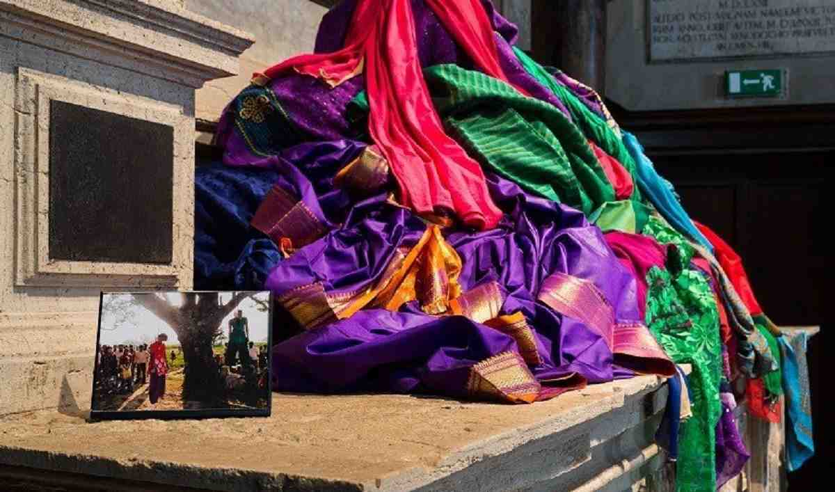Patricia Cronin, Shrine for Girls, Venice, Saris and Photograph, 2015 highlight violence against girls and women