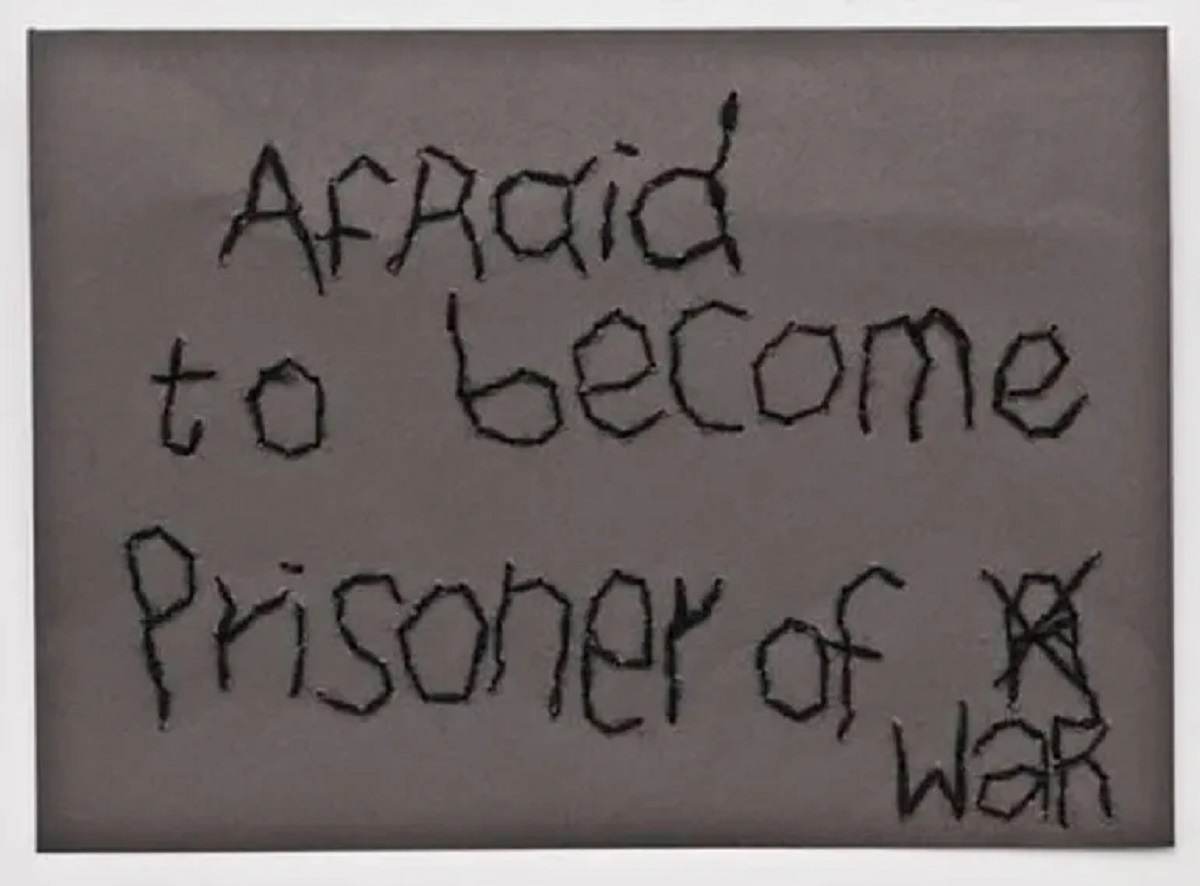 Image: Batia Shani's 'Afraid to become prisoner of war', 2015, embroidered envelope address Middle East issues