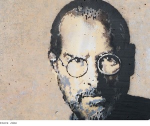 Image: Detail of Steve Jobs by Banksy at the Calais Refugee camp