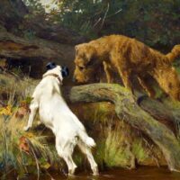 Image: Irish and Wire Fox Terriers Inspecting a Burrow by Arthur Wardle, RI, is one the paintings of dogs expected to make auction price