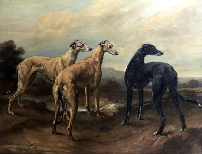 Image: Maud Earl's Greyhounds in a Landscape is one of the painting of dogs with character 