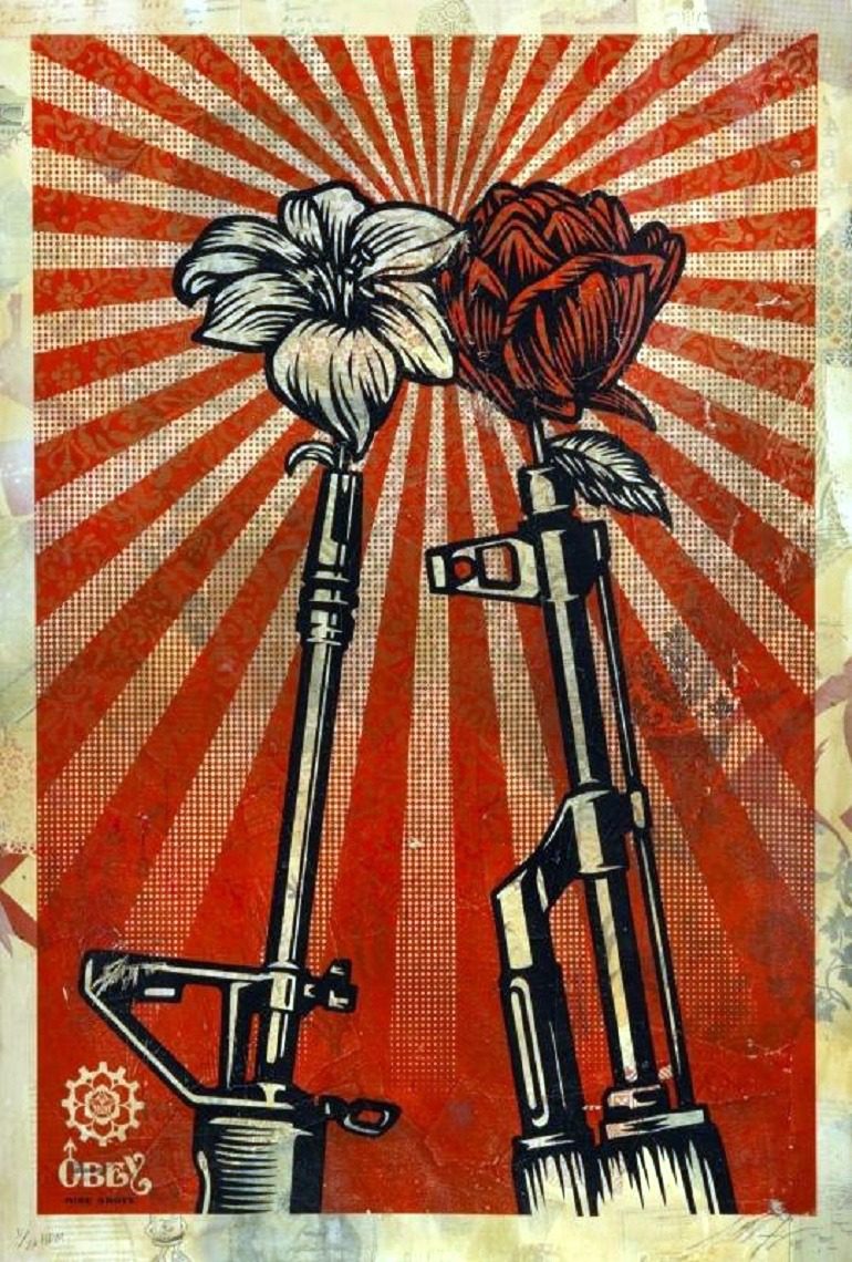 Image: Shepard Fairey, M16 VS AK 47 (2006), is one of the works to be auctioned at the Julien’s Auctions/Artsy Street Art Now auction 