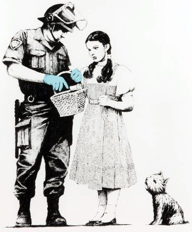 Image: Stop and Search 2007, a screenprint on paper by Banksy, is a important example of Banksy art sold at the Julian's Auctions