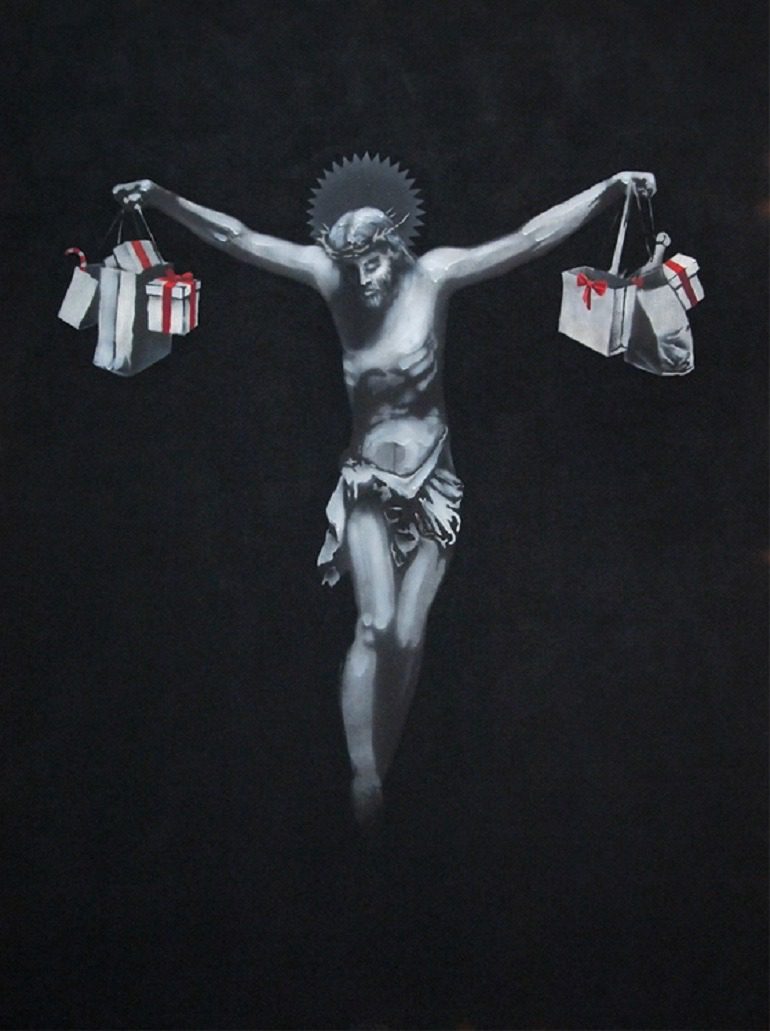 Image: Christ with Shopping Bags by Banksy is an example of how the artist explores street art and graffiti art to make statements about salient issues. Banksy Art