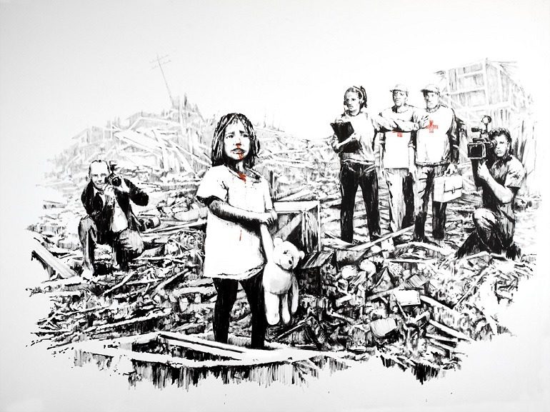 Image: Media in War by Banksy, an example of how the artist explores street art and graffiti art to make statements about social issues. Banksy Art