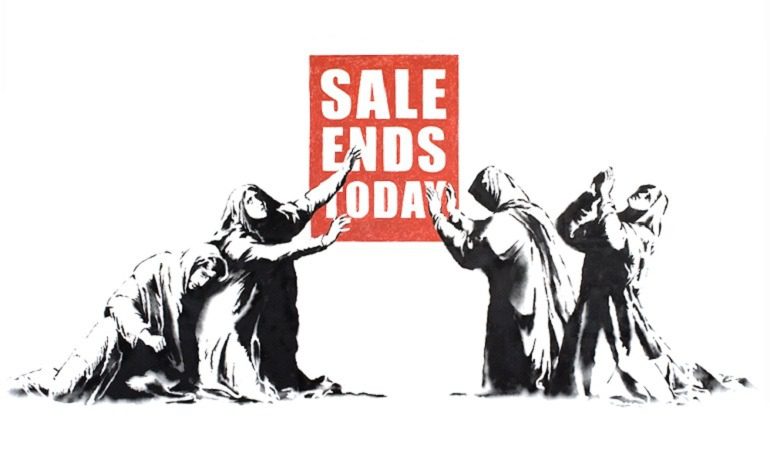 Image: Sale Ends by Banksy is an example of how the artist explores street art and graffiti art to make statements about capitalism and important social issues. Banksy Art