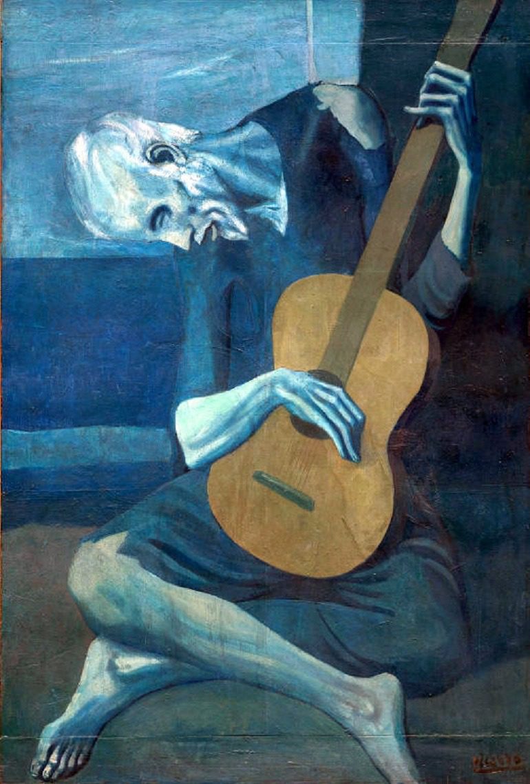 Restless Sou-Image. The Old Guitarist by Pablo Picasso, an important work from the Blue Period, shows his relentless effort to express his emotion with colors