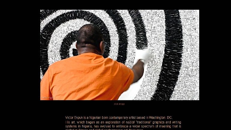 Image: A photography of Victor Ekpuk at work on the homepage of his website, one of Artcentron top ten artist websites