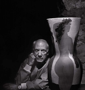 Image: A portrait photograph of Pablo Picasso with one of his ceramics taken in 1954 by Yousuf Karsh 