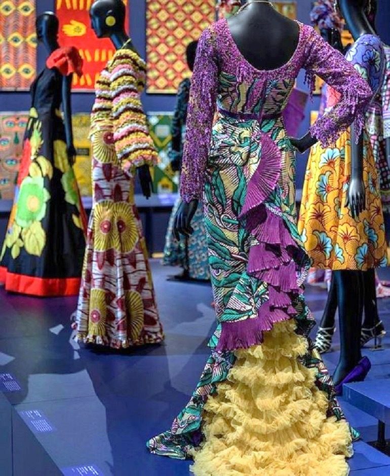 Image: Details of beautiful dresses made from wax printed fabrics with bold patterns on display at the Philadelphia Museum of Art