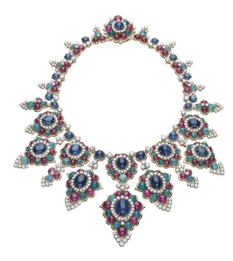 Image: A Necklace made from gold, emerald, ruby, sapphire, diamond by Bulgari in 1967, is one of the Jewels on display in the Italian Jewels: Bulgari Style exhibition