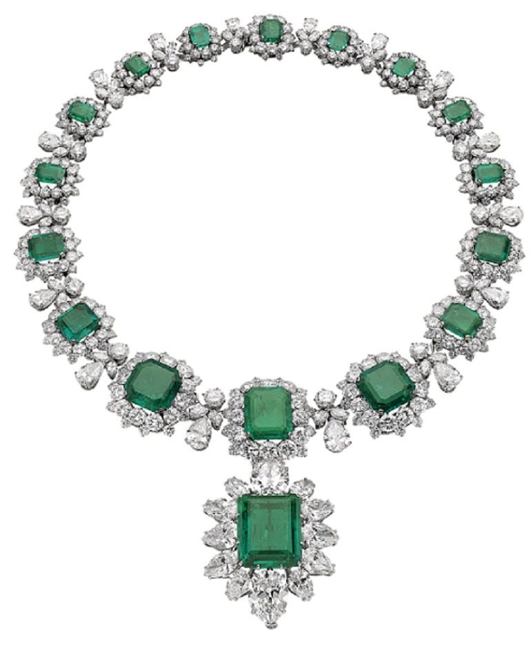 Image: Beautiful Necklace with pendant/brooch made from platinum, emerald, diamond by Bulgari in 1962 and 1958 is one of the Jewels on display at NGA