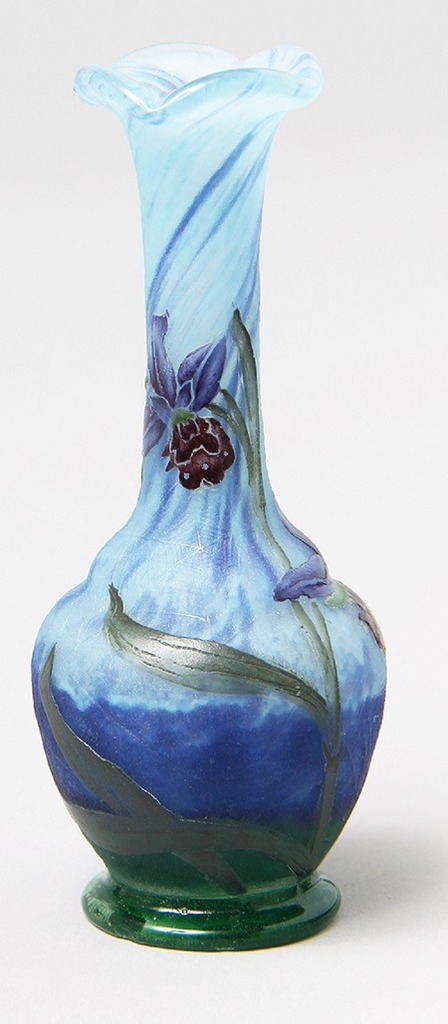 Image: Wild Orchids & Spider Webs Vase by Daum Nancy, one of the valuable collectible at Baltimore Art, Antique & Jewelry Show