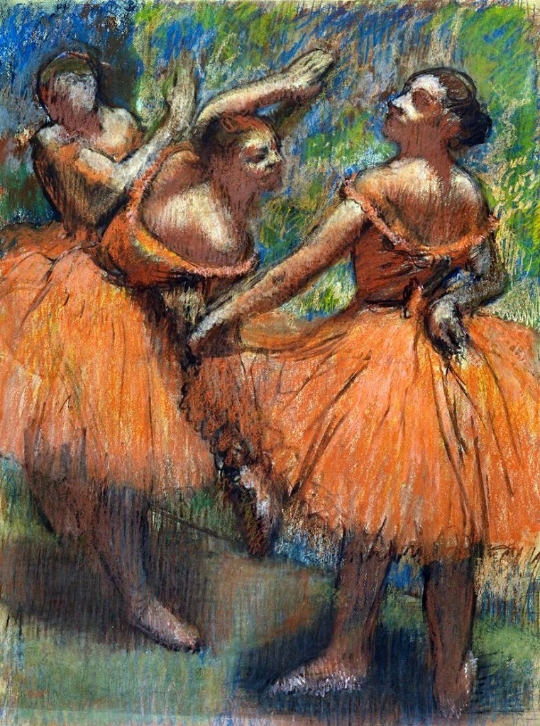 Image: Group of Dancers (Red Skirts) by Edgar Degas, is one his paintings focused on ballerinas and dancers -770 x 1036