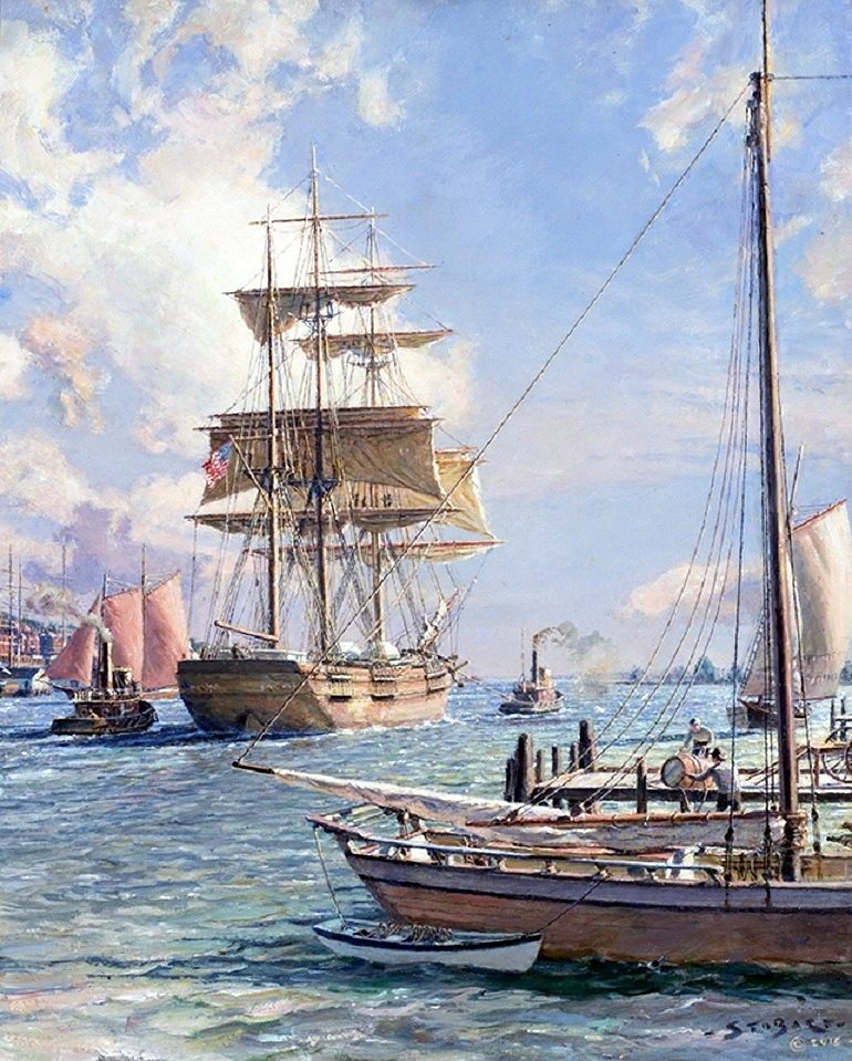 Image: New York Shipping on the East River, an oil on canvas by John Stobart is one of the valuable collectible at Baltimore Art, Antique & Jewelry Show