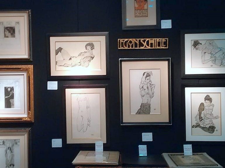 Image: Works by Egon Schiele on display at the Galerie Fledermaus during Baltimore Art, Antique & Jewelry Show