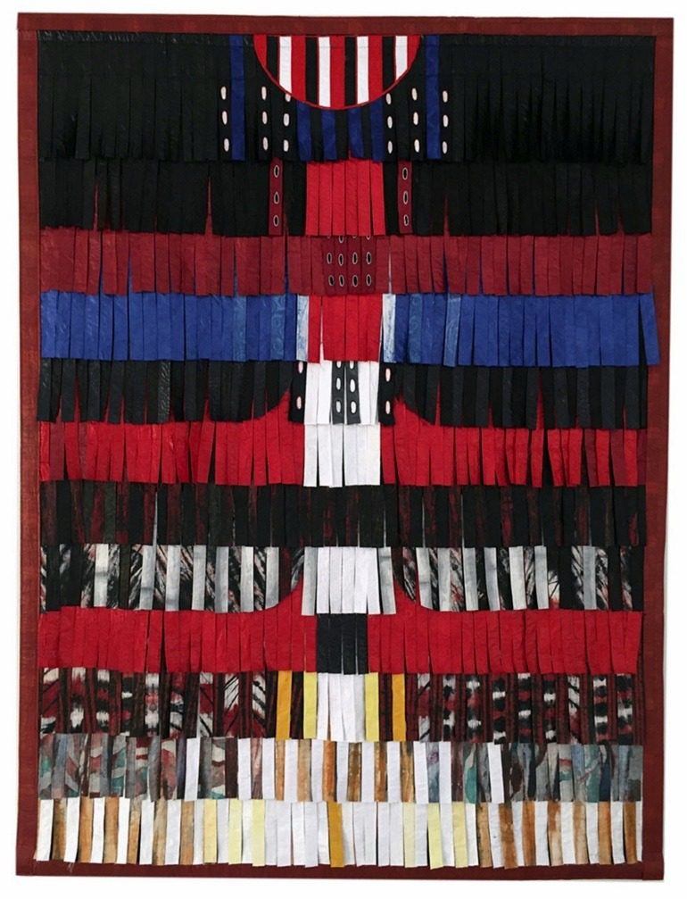 Image: 'Composition-rouge-noir-et-blanc-plus-bleu', 2016, by Abdoulaye Konaté on display at 1:54 Contemporary African Art in London