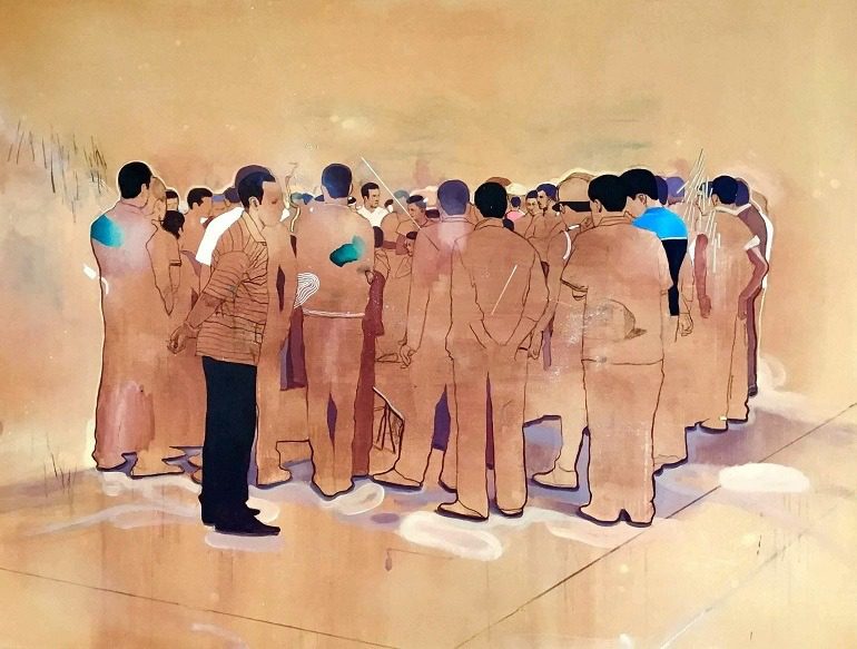 Image: La Foule IX' by Nabil El Makhloufi 2016, an Oil, acrylic and charcoal on canvas on display at 1:54 Contemporary African Art in London