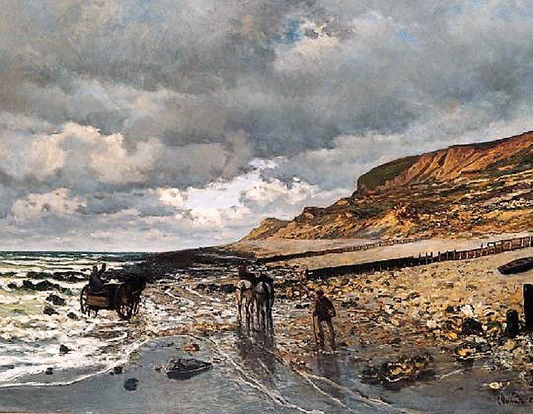 Image: La Pointe de la Hève at Low Tide 1865, an oil on canvas painting by Claude Monet on display at Kimbell Art Museum in Monet: The Early Years 