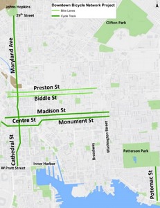 Image: Baltimoreans going to Baltimore Farmers Markets can follow the Downtown Bike Network DOT to a healthy living 