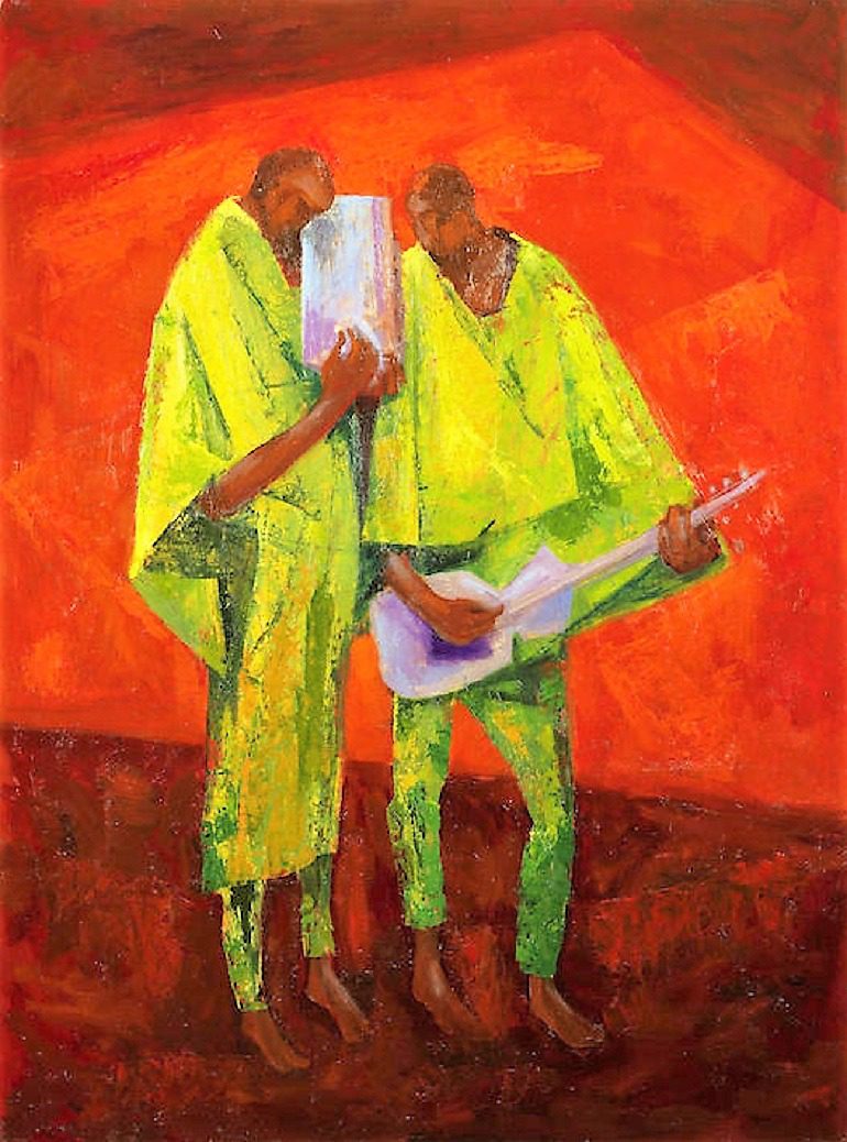 Image: The Duet, an oil on canvas painting by Yusuf Grillo was one the paintings that made record auction prices with Anyanwu at Bonhams Africa Now - Modern Africa Sale in London