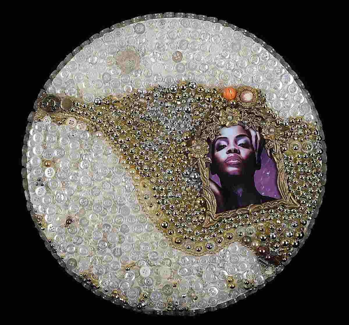 Purple Delight, a mixed media art made from buttons, beads, antique frame by Amalia Amaki is one of the works by African American artists on display at the Georgia Museum of Art