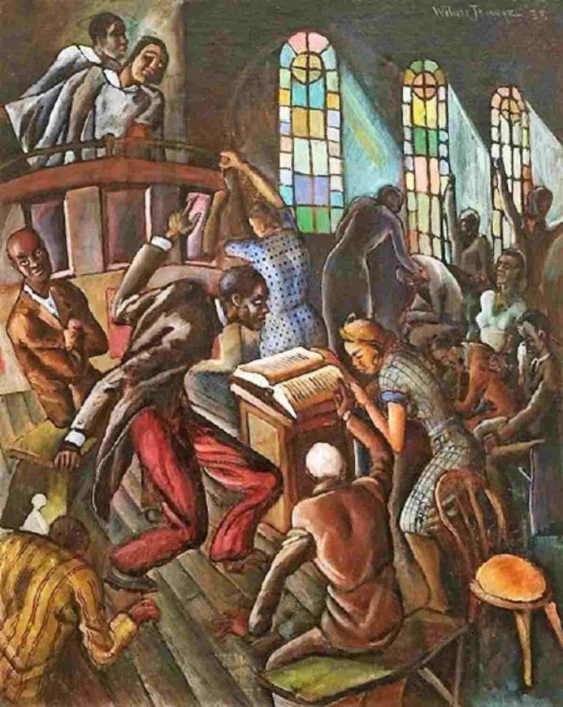 De Good Book Says (Church Scene), an oil on canvas by Wilmer Jennings, is one of the works by African American artists on display at the Georgia Museum of Art