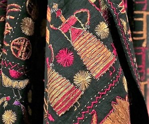 Image: Close look at a Phulkari shawl made from red and gold silk thread worn by Punjab women on display in Phulkari: The Embroidered Textiles of Punjab from the Jill and Sheldon Bonovitz Collection at the Philadelphia Museum of Art