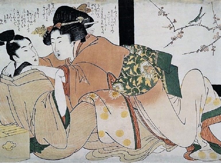 Image: Courtesan and Client in Brothel by Kitagawa Utamaro on display at the Japan Society is one of the works on display as part of the Pride Month celebrations in galleries and museums 