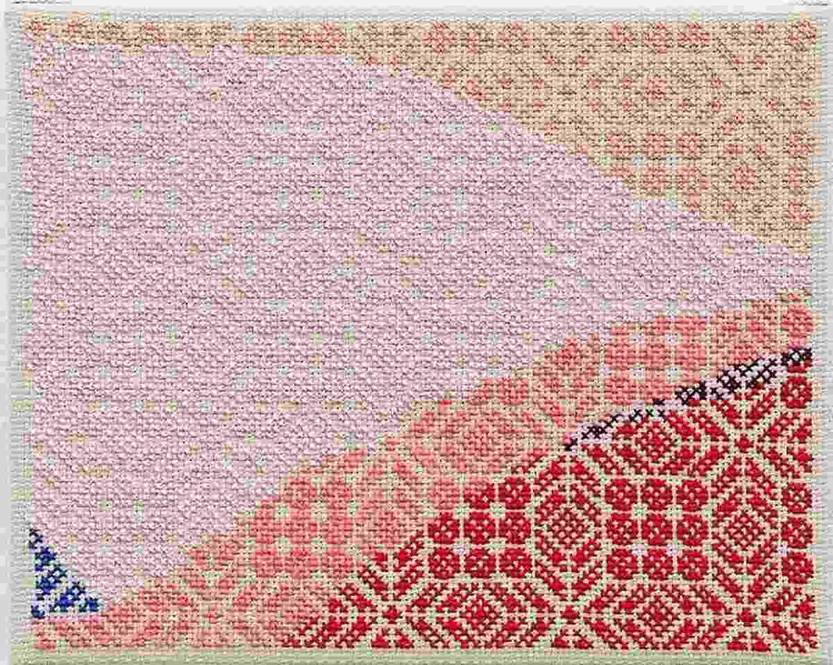 Image: Study Red Which Is Blue, a hand-embroidery in cotton on Aida on canvas by Jordan Nassar, is one on the new works tracing the history of Palestine at Anat Ebgi in Los Angeles, California