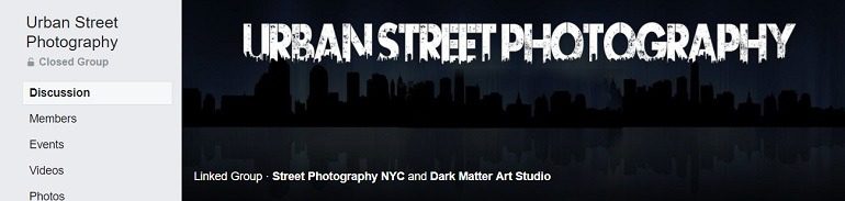 Image: A black and white banner of the Urban Street Photography Group, one of the Facebook Photography Groups that provide Photography tutorials and photography tips for aspiring and amateur photographers