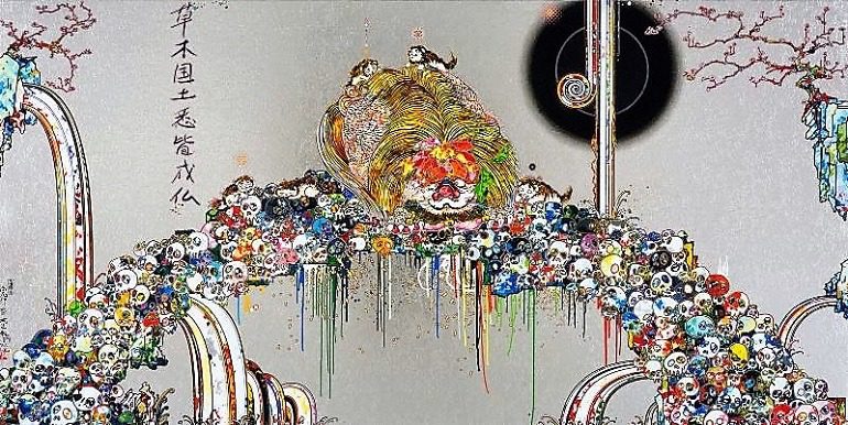 Image: Lion Peering into Death's Abyss, an Acrylic, gold leaf and platinum leaf and gold on canvas mounted on aluminum frame by Takashi Murakami, one of the famous artists whose works will be part of the fall art exhibitions at Garage Museum of Contemporary Art