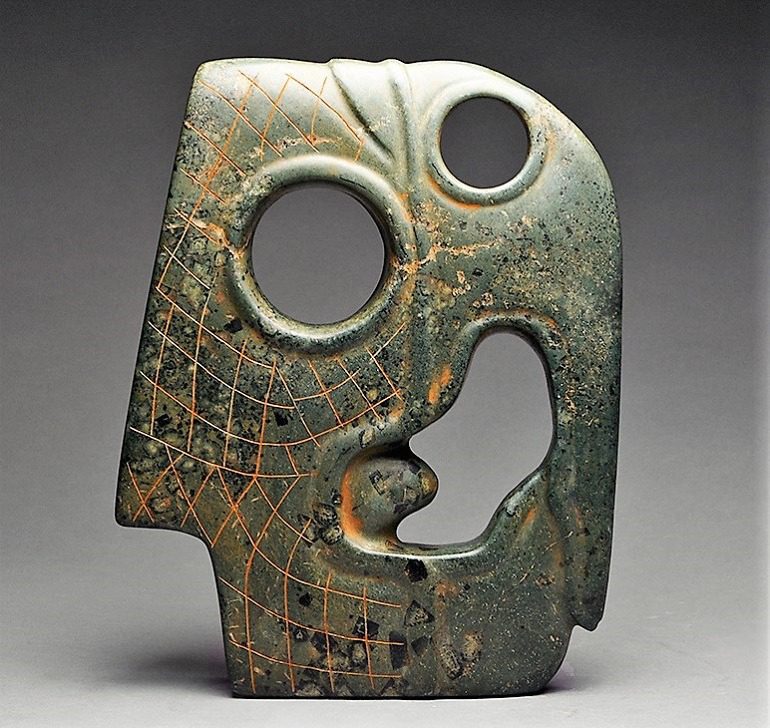 Image: Mayan Jade Hacha of a Bird Head dating back to 1000 AD to 1200 AD is one of the important works in Beauty in the Ancient Americas Pre-Columbian-Aesthetics at Barakat Gallery