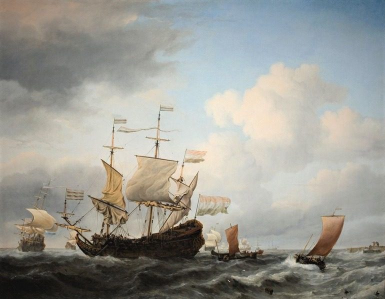 Image: A Dutch Flagship Coming to Anchor, an oil on canvas painting by Willem van de Velde the Younger from the Susan and Matthew Weatherbie Collection that was recently donated to MFA Boston